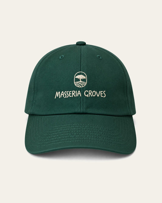 Masseria Groves cap, forest green with cream embroidered grove mark — front